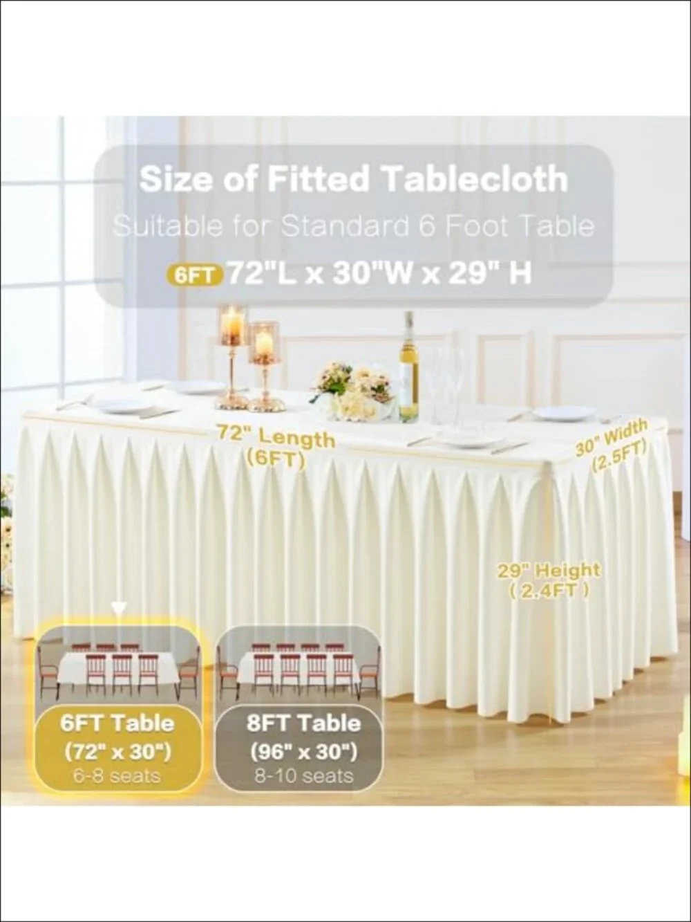 2 Pack Ivory Rectangle Tablecloth 6 FT Stretch Spandex Fitted Table Cloth for 6